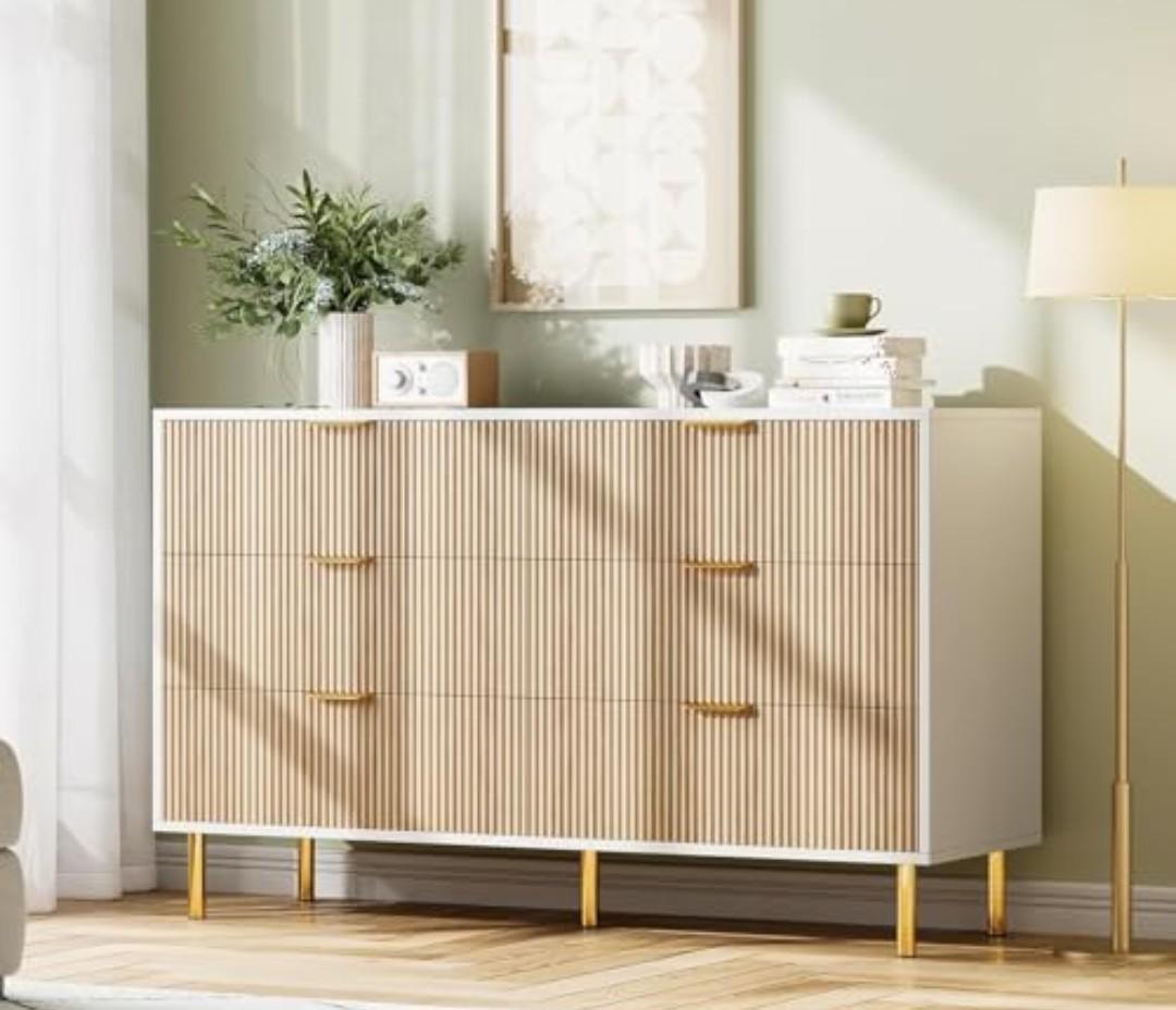 IDEALHOUSE Natural Dresser, Modern 6 Drawer Dresser for Bedroom with Gold Handle and Large Drawer, Wood Double Chest of Drawers and Storage Organizer for Living Room, Hallway, Entryway
