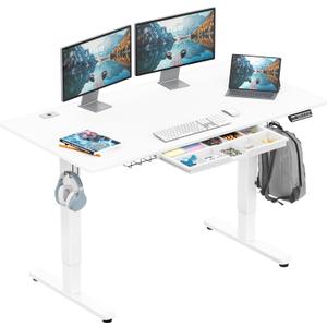 SHW 55 x 28 Inches Electric Height Adjustable Standing Desk with Drawer and Memory Preset, White