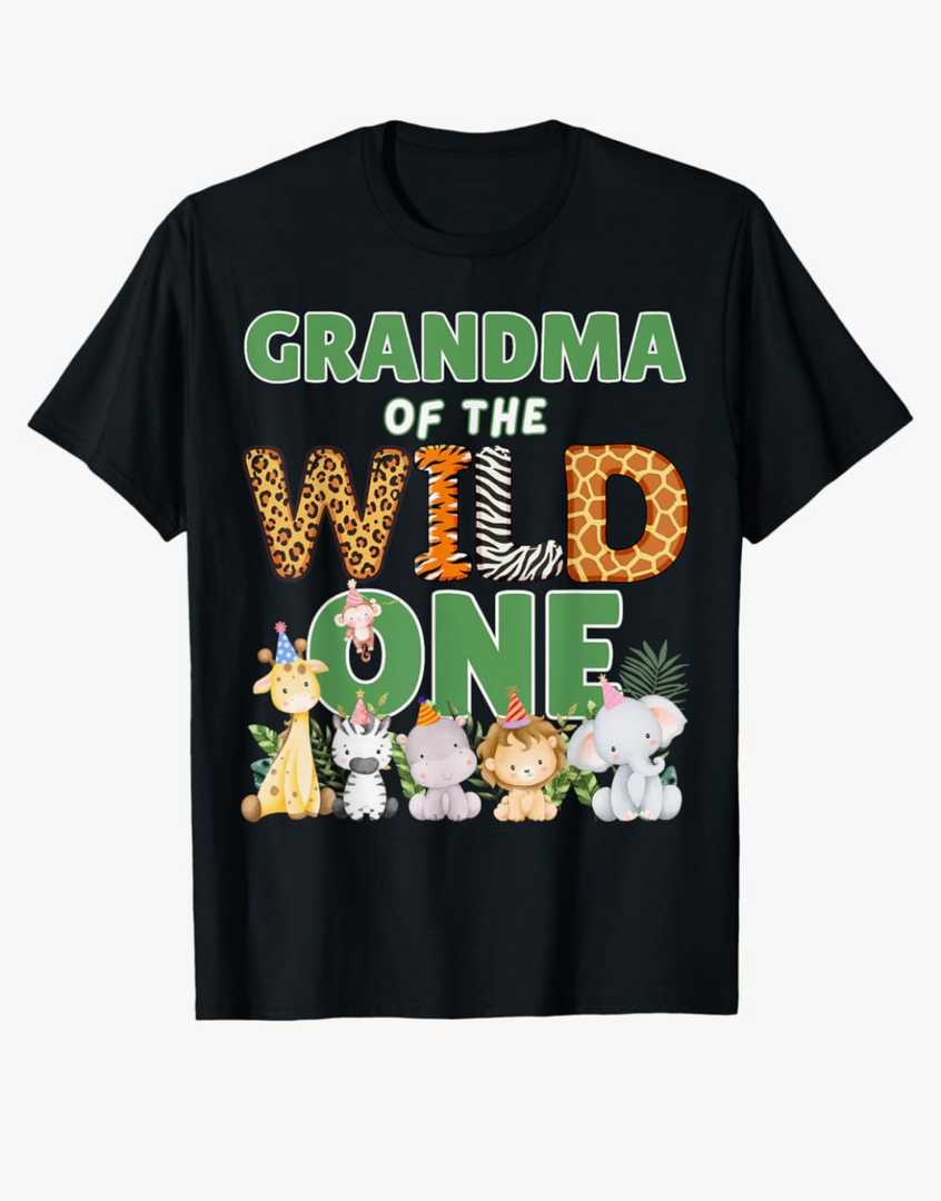 Grandma of The Wild One 1st Birthday Safari Animals Family T-Shirt, M, Black