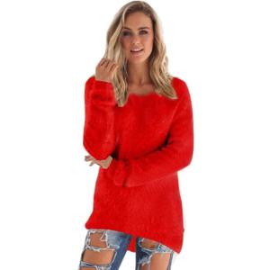 LemonGirl Women's Fashionable Long Sleeve Pullovers Loose Fluffy Fuzzy Jumper Sweater (XX-Large, Red)