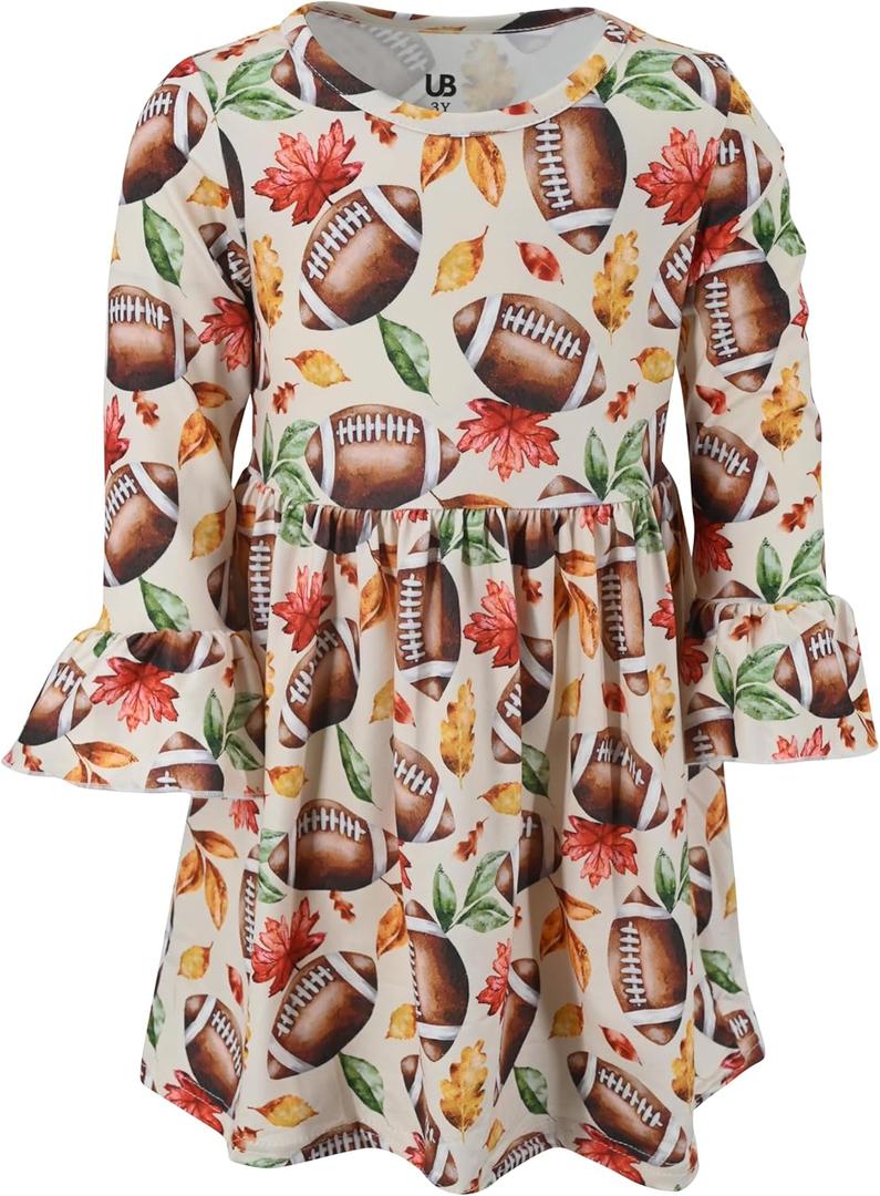 Girls Long Sleeve Ruffled Dresses for Toddlers and Kids (12 Months, Fall Football)