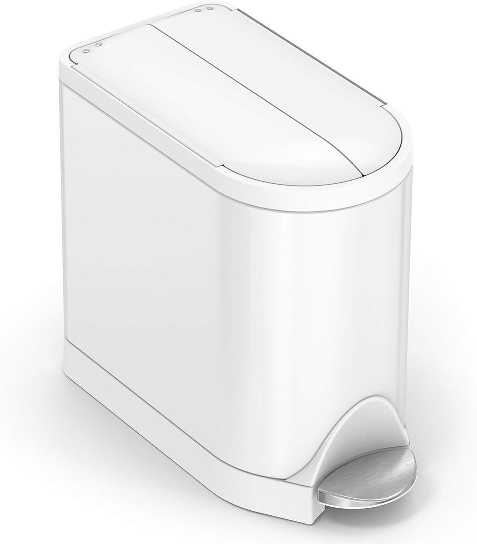 simplehuman 10 Liter / 2.6 Gallon Butterfly Lid Bathroom Step Trash Can, White Steel