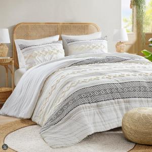 Hyde Lane Farmhouse Bedding Comforter Sets King, Ivory Boho Bed Set,Cotton Top with Modern Neutral Style Clipped Jacquard Stripes, 3-Pieces Including Matching Pillow Shams (104x90 Inches)