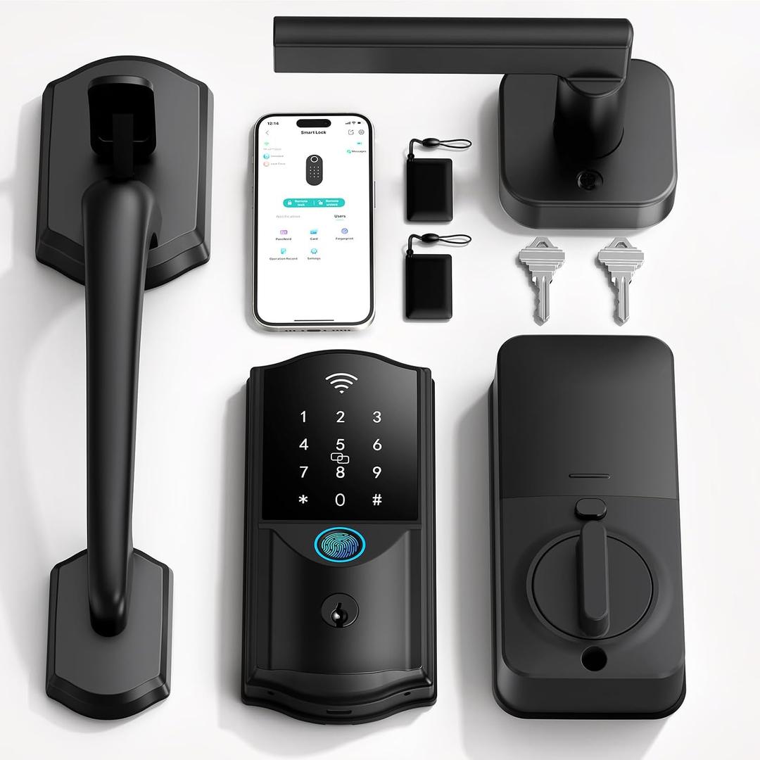 Built-in WiFi Smart Lock with Handle Set - Firstriver Fingerprint Keyless Entry Door Lock for Front Door, App Control, Digital Keypad Deadbolt, Auto Lock, Compatible with Alexa & Google Assistant