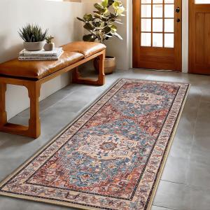 Runner Rug 26, Machine Washable Non-Slip Vintage Area Rug, Low Pile, Indoor Carpet Printed Floral Rugs for Living Room, Entryway, Kitchen, Bedroom, Rust Brown