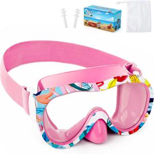 Kids Swim Goggles with Nose Cover, 180 Panoramic Snorkel Mask with Anti-Fog & Anti-Leak Design, Comfort Fabric Strap UV Protection Lens for Boys Girls Ages 3-15 (Pink Painting)