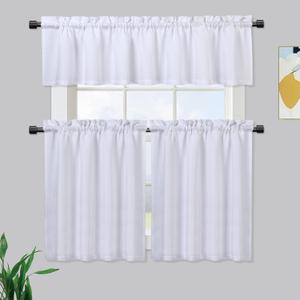 GlowSol Kitchen Curtain Set 3 Pieces Window Dressing Waffle Textured Fabric Rod Pocket Drapes Privacy Protect for Bedroom Bathroom Nursery, 2 x 30 x 24 inch+60 x 15, White, Set of 3