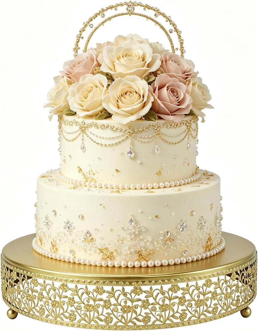 16 Inch Gold Cake Stand,Round Floral Lace Metal Display Tray