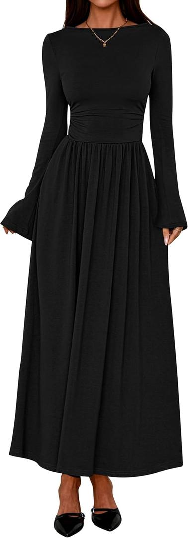 BTFBM Long Sleeve Maxi Dresses for Women 2025 Fall Casual Ruched Boat Neck Flowy Elegant Formal Wedding Guest Dress (Black), XL
