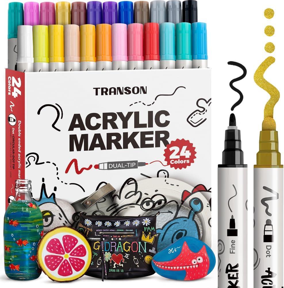 TRANSON 24 Color Bold and Fine Dual-tip Acrylic Paint Pen Set for Canvas Rock Wood Leather Ceramic DIY Painting