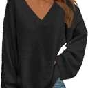 MEROKEETY Sweaters for Women Fall 2026 V Neck Oversized Cozy Chunky Knit Long Sleeve Fuzzy Fleece Pullover Winter Outfits (Large, Black)