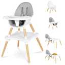 6 in 1 High Chair for Babies & Toddlers, Convertible Wooden Baby Highchair, Table and Chair Set, Baby Feeding Chair, 5-Point Adjustable Harness/4-Position Removable Tray& PU Seat Cushion(Grey)