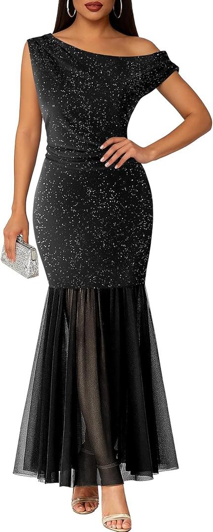 Youtalia Women's Elegant Formal Long Dress One Shoulder Bodycon Dress Evening Cocktail Wedding Guest Maxi Dresses, S