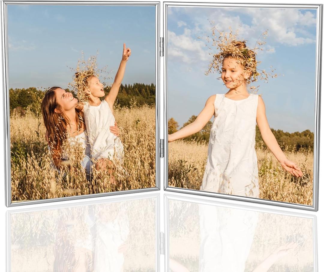HIKWADERY 8x10 Picture Frame Double Hinged Folding, Elegant Thin Edge Metal Real Glass 8 by 10 Photo Frames, for Desktop and Wall Display, Holiday Gift Home Decorative (8 x 10, Silver)