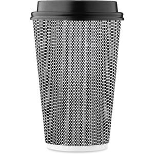[85 SET]Harvest Pack 16 oz Disposable Coffee Cups, Insulated Ripple Double-Walled Paper Cups with Lids, Black and White Geometric, Drinking Cups for Tea Hot Chocolate Drinks To go coffee cups