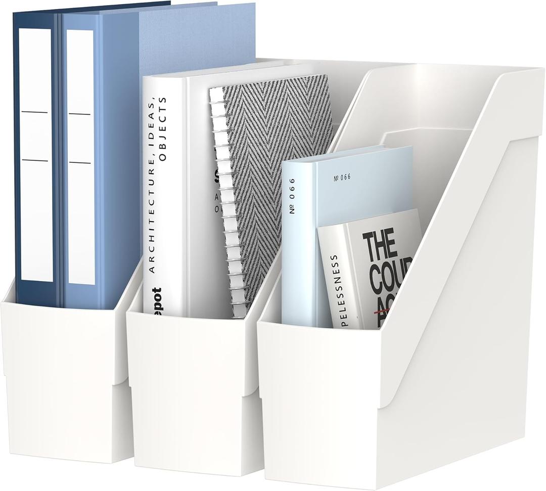 Delifox 3 Pack Magazine Rack, Plastic File Folder Bin Desk Organizer, White