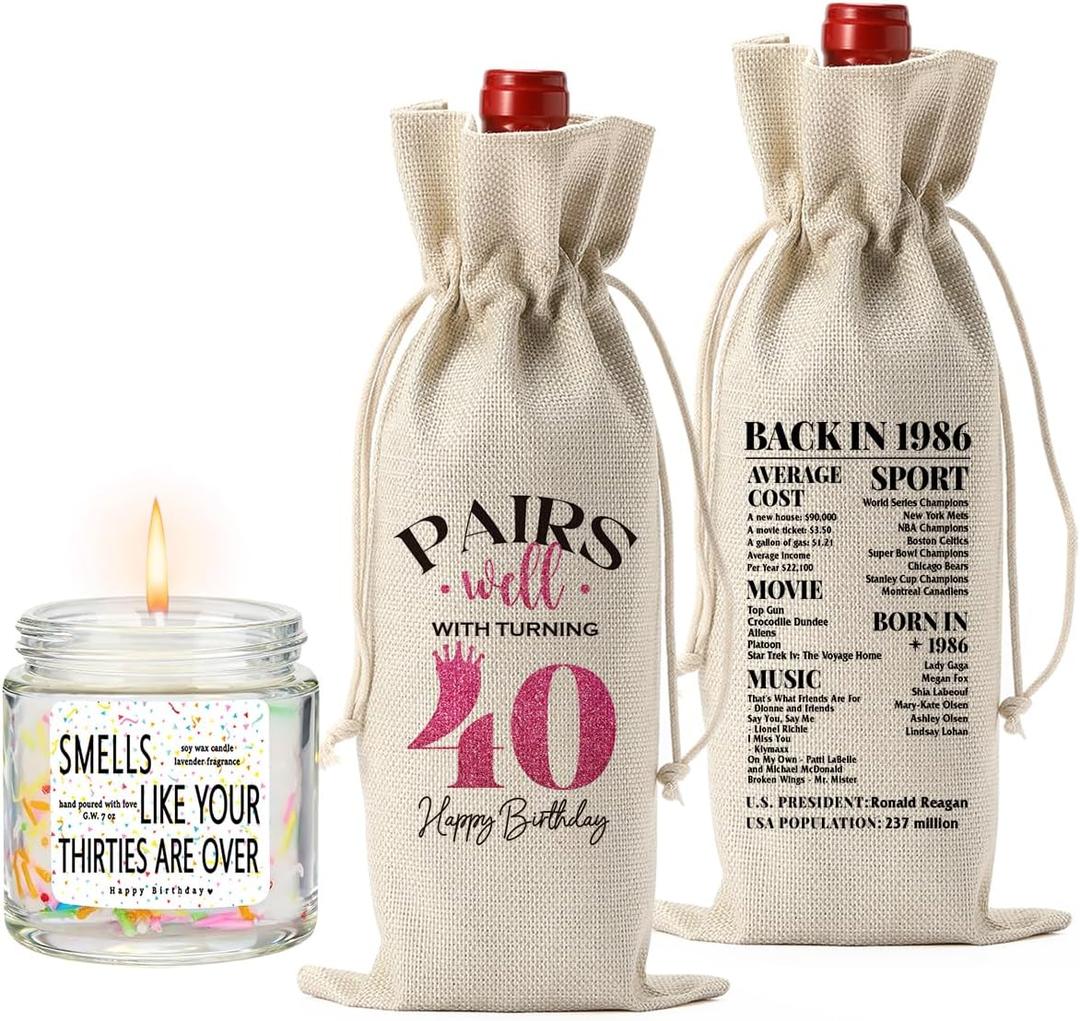 Unique 40th Birthday Gifts Men 40 Year Old Gifts for Men Wine Bag And Candle Happy Anniversary 40th Birthday Party Supplies Decorations - Back in 1986