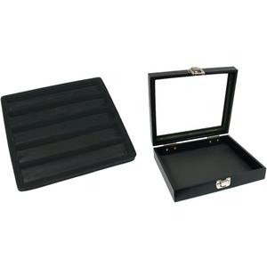 Black Sqaure Glass-top Case (Single Metal Latch) w/ 1 Tray Insert (Black 5-Slot Plastic Tray)