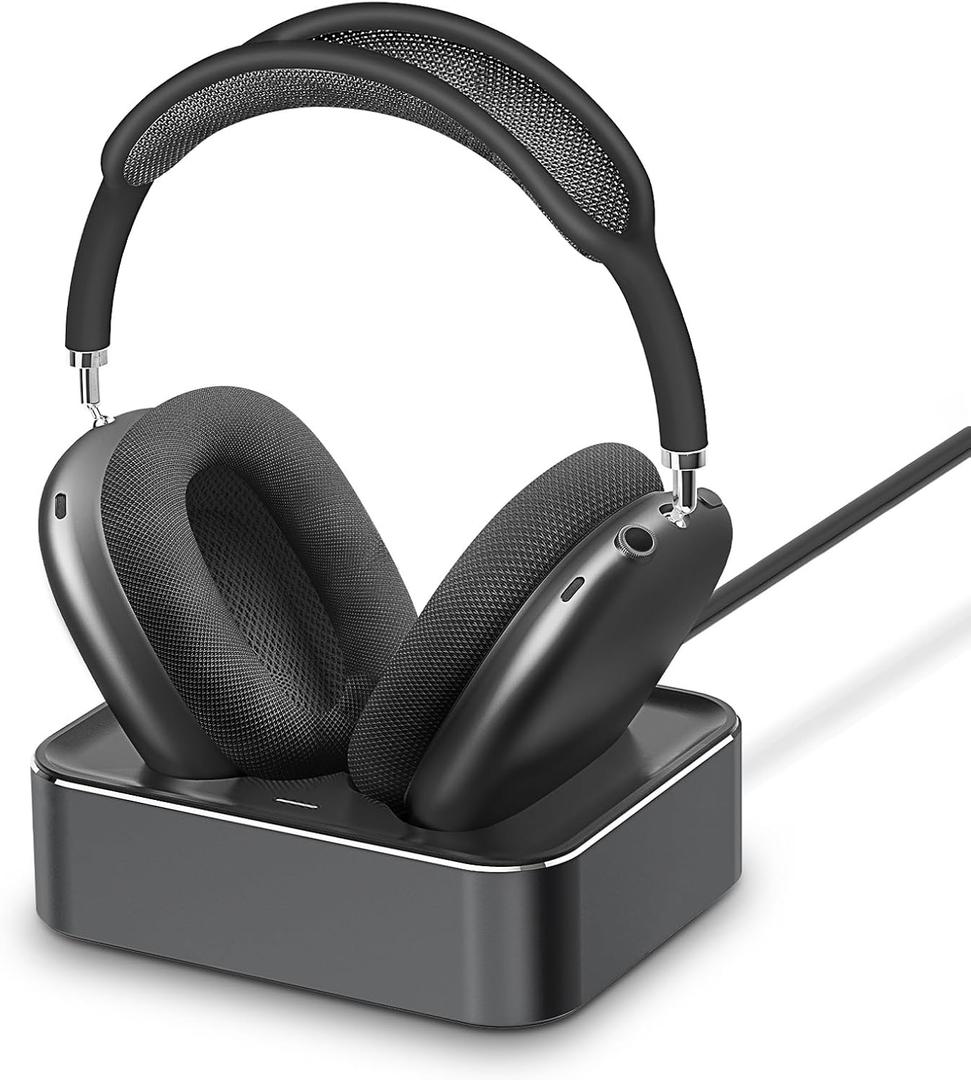 Headphone Charging Station for AirPods Max 2024 & 2020 - Magnetic Headset Charger Dock with Dual Lightning & Type-C Connectors (Space Gray)