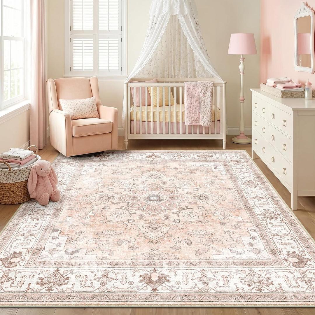 CAPALOCA Machine Washable Rugs Nursery Rug Sq8ft Cute Girl Non Slip Low Pile Water Repellent Soft Print Pattern for Bedroom Indoor Decor Kids Playroom Pink