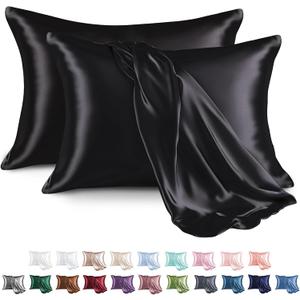 MR&HM Satin Pillowcase for Hair and Skin, Silk Satin Pillowcase 2 Pack, Queen Size Pillow Cases Set of 2, Silky Pillow Cover with Envelope Closure (20x30, Black)