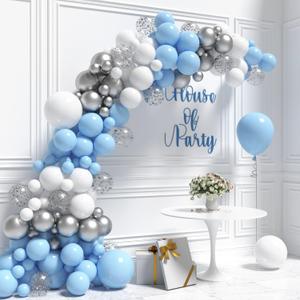 HOUSE OF PARTY Baby Blue White, Silver Balloon Arch Kit - Balloon Garland for Baby Shower Birthday Wedding Graduation Party Decorations