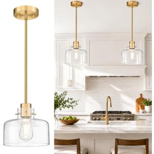 8" Brushed Gold Pendant Lights Kitchen Island, Clear Glass Shade