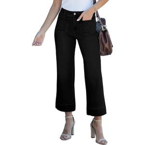 luvamia Wide Leg Jeans for Women Trendy High Waisted Flare Jeans Cropped Denim Pants Stretchy Baggy with Patch Pockets (X-Small, True Black)