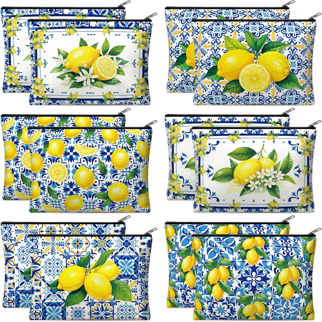 Reginary 12 Pieces Italian Lemons Makeup Bags Amalfi Coast Cosmetics Bag Italy Travel Souvenir Lemon Purse Italian Gifts for Women Wedding Bridal Shower