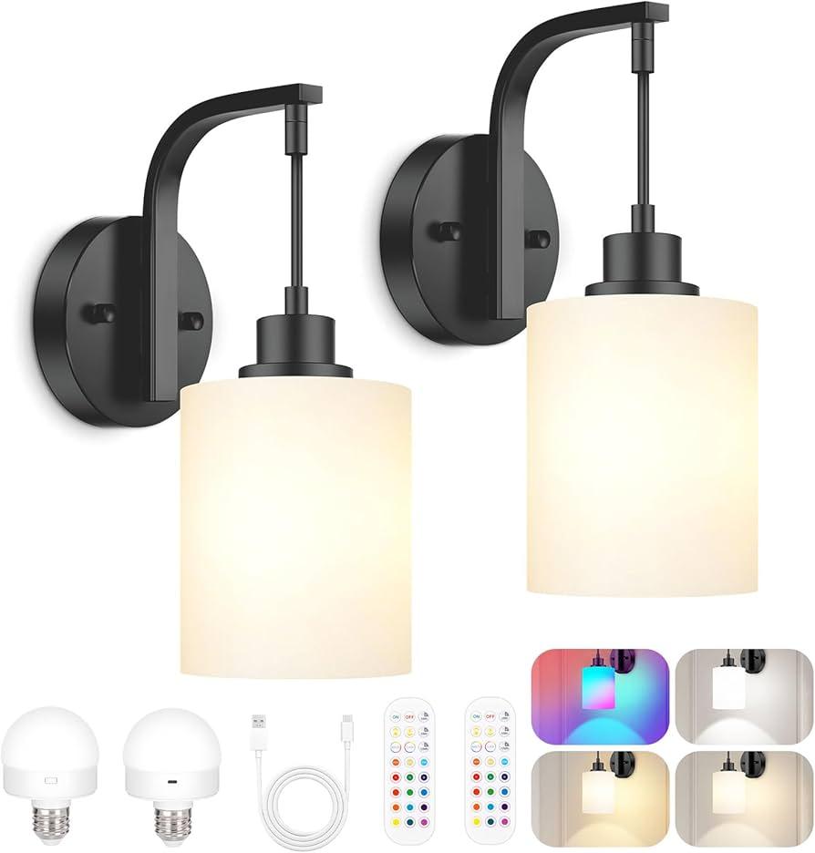 Battery Operated Wall Sconce Set of 2, Wireless Wall Sconce with Rechargeable Bulbs and Remote, 15 Colors & Dimmable, Black Sconces Wall Decor for Bedroom Living Room Hallway