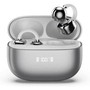 PAXA Clip On Earbuds, Clipbuds7 Open Ear Earbuds Wireless Bluetooth 5.4 with LED Display, Auto L-R Ear Recognition and Touch Control, Ultra-Light 4.5g Fit Comfort for Sports Fitness Daily Use, Silver