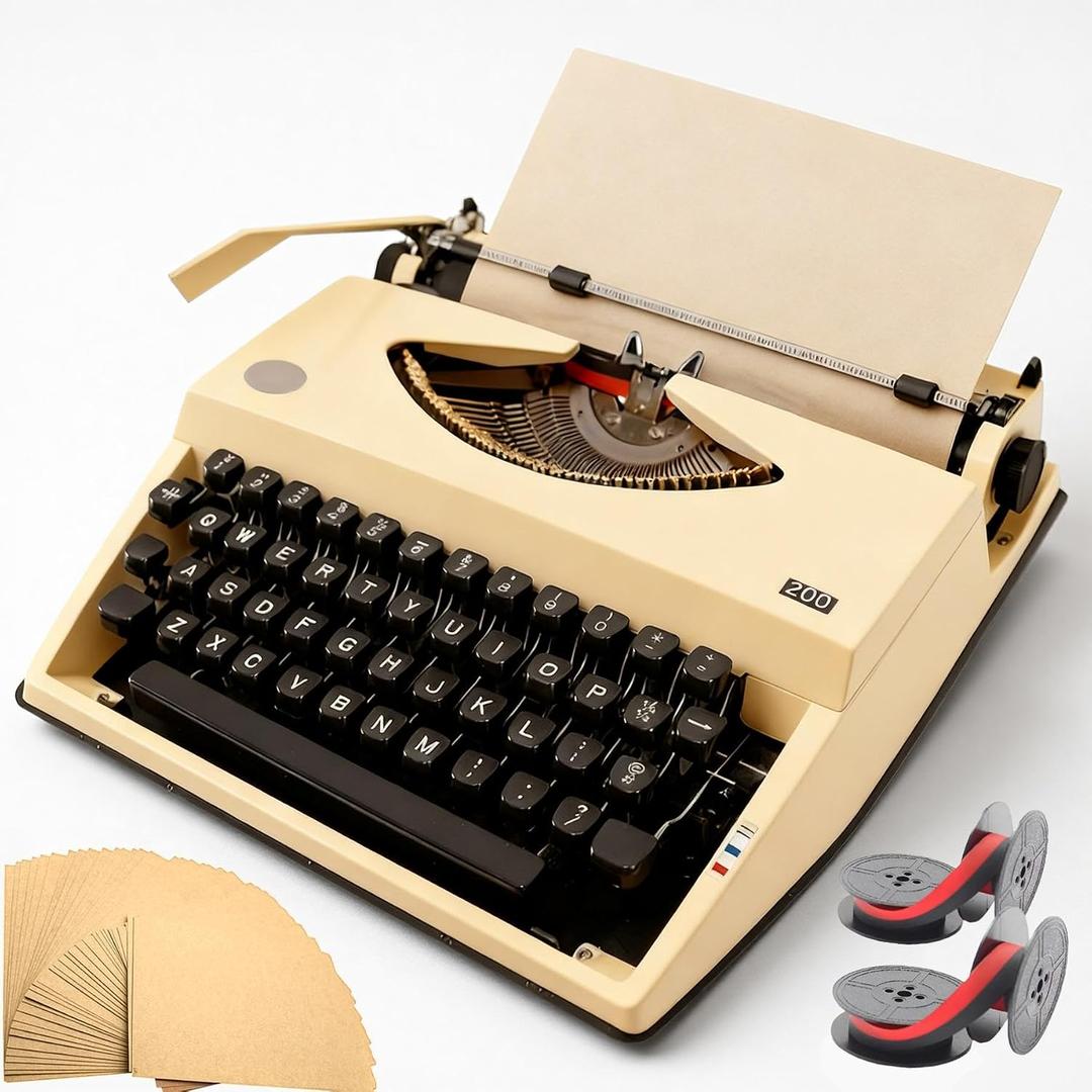 Beige Classic Manual Typewriter Vintage-Style, Portable Writing Machine with Carrying Case, 2 Ink Ribbons & 100 Kraft Sheets, Decorative Display for Home Office