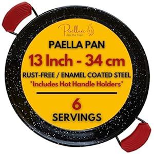 13 Inch Paella Pan 5 Servings - Enamelled No Rust Easy to Clean Steel Pan Propane - Gas Burners for Cooking - Indoor & Outdoor Cooking Skillet - Cacerola Paellera Sarten