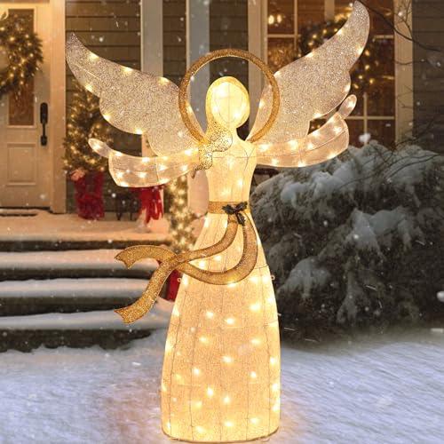 Bshine Outdoor Christmas Angel Decorations Christmas Glittering 5.5FT Angel with Wing & Lights Outdoor Holiday Decorations Lighted Decoration for Yard Patio Lawn Garden
