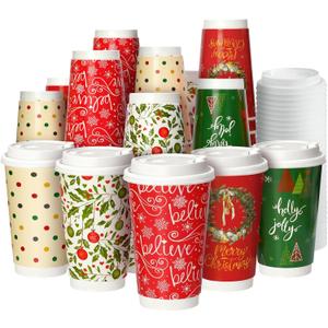 100 Pack 16 oz Christmas Disposable Coffee Cups with Snap-on Lids - for Hot or Cold Drinks, Paper Coffee Cups for Xmas Holiday Table Decorations Party Supplies, 5 Assorted Christmas Styles
