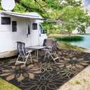 GENIMO Outdoor Rug Waterproof for Patio Decor, 9' x 12' Reversible Plastic Straw Floral Camping Carpet, Large Area Rugs Mats for RV, Camper, Deck, Balcony, Porch, Beach, Picnic, Black & Brown