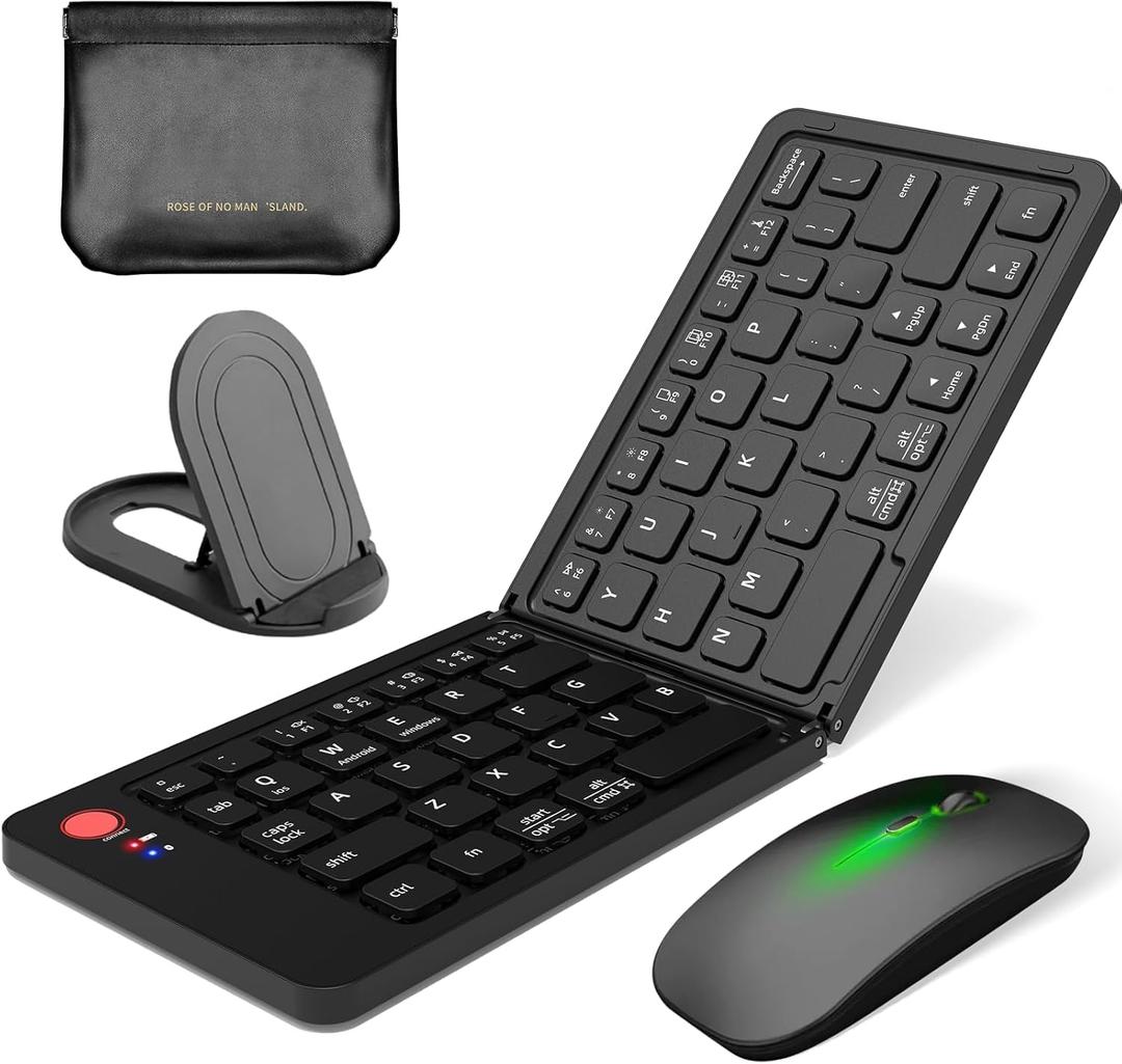 Wireless Bluetooth Keyboard & Mouse Combo, Foldable Keyboard and Mouse for iPad, iPhone, Tablet,USB-C Rechargeable Portable Combo for iOS Android Windows Mac OS (Black)
