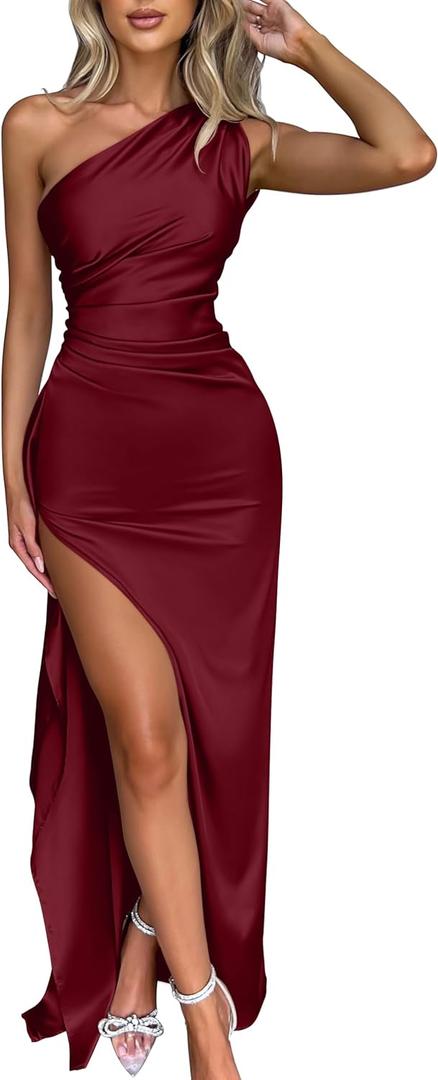 Memoriesea Women's Sexy One Shoulder High Split Cocktail Wedding Party Maxi Dress (Wine Red) S