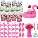 FoldTier 25 Sets 177Pcs Summer Flamingo Party Favors Bulk Include Inflatable Floating Flamingo Drink Holder Plastic Cups Straws Sunglass with Card for Hawaiian Luau Summer Birthday Party Favor Supply