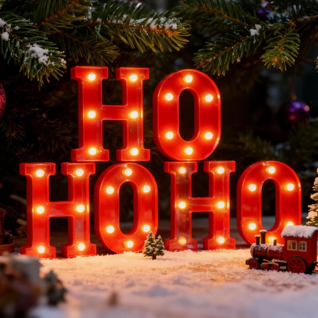 Festive HO HO HO Christmas Decor, LED Light Up Letters Sign, Battery Powered Christmas Decorations Indoor for Home Tabletop, Bar & Xmas Party, Perfect for Holiday Gift & Indoor Decor Accent