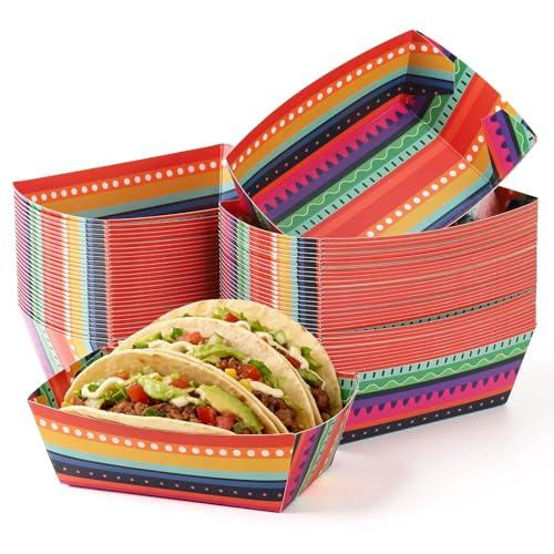 VELATYVIO 60 Pcs Mexican Taco Nights Paper Food Trays Mexican Fiesta Party Decorations Nacho Serving Boats Colored Striped Disposable Taco Plates for Popcorn Fries Cinco de Mayo Party Supplies