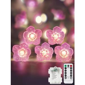 Cherry Blossom Flower String Lights for Bedroom, Pink Fairy Lights Battery Operated with Remote & 8 Modes & Timer, 10ft 30 LED Waterproof String Light Indoor Outdoor for Wedding Home Christmas Decor