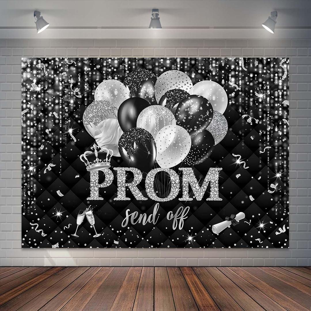 2026 Prom Send Off Backdrop Black and Silver Crown Graduation Party Decorations Class of 2026 Grad Prom Night Photography Background Cake Table Banner (7x5ft)