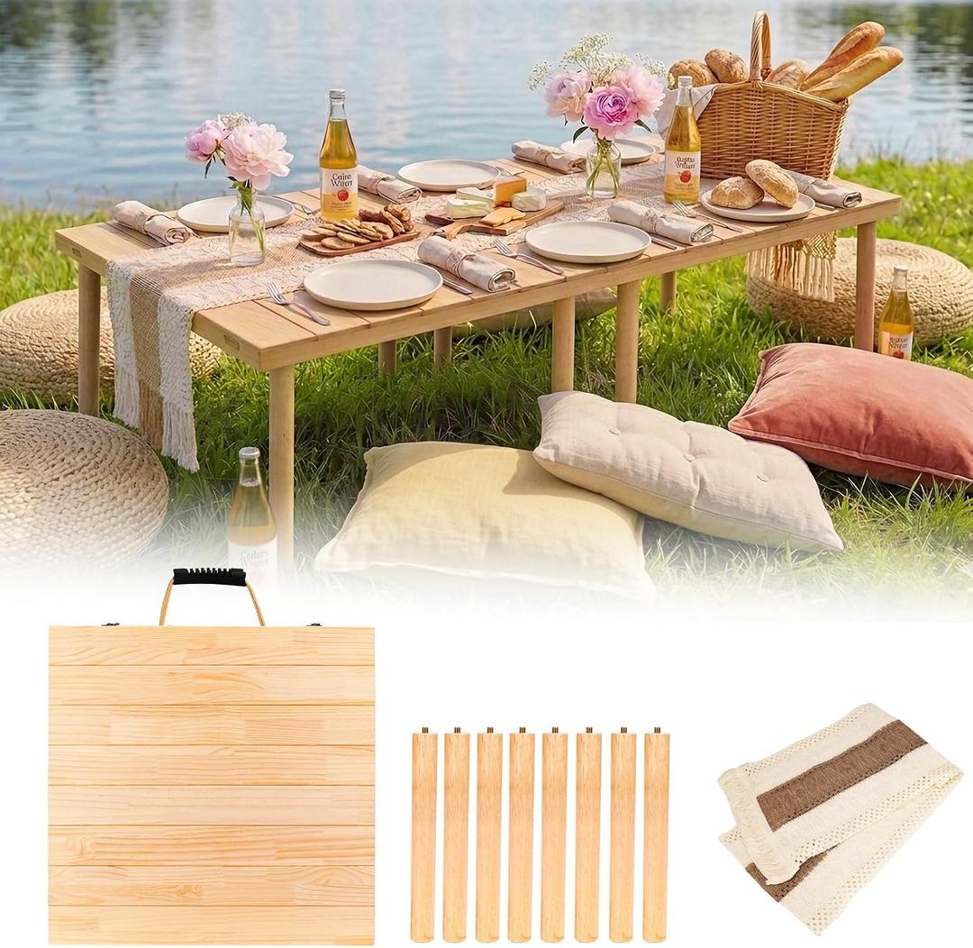 60"x30" Low Folding Picnic Table, Portable Boho Floor Table with Tablecloth, Ideal for Camping, Wedding, Beach, Garden, Party