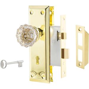 Mortise Lock Set for Interior Door, Antique Vintage Style Crystal Glass Door Knobs with Skeleton Key, Upgraded Reversible for Left & Right Handed Door, Polished Gold/Brass Finish