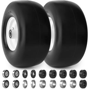 13x6.50-6 Flat Free Lawn Mower Tires and Wheels 3/4" 5/8" 1/2" Ball Bearings, 13x6.5x6 Zero Turn Mower Front Tires, Smooth Tires for Commercial Grade Lawn 5.5"-7.5" Adjustable Centered Hub (White)