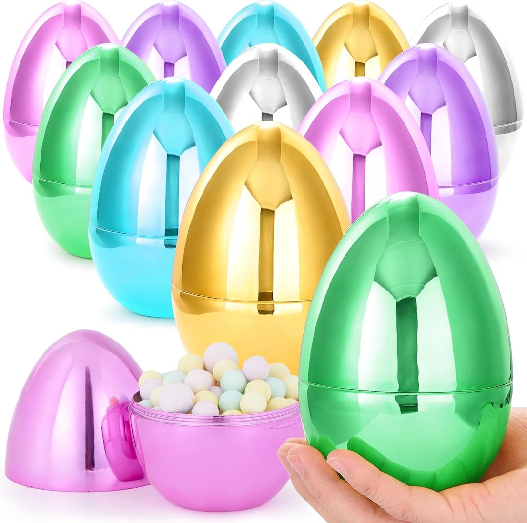 JOYIN 12 Pcs Large Metallic Easter Eggs, 6 Inches Colorful Jumbo Plastic Eggs Fillable for Easter Themed Hunt Basket Stuffers Fillers Filling Treats Party Favor Classroom Prize Supplies