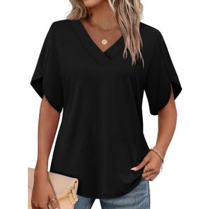 WIHOLL Womens Summer Tops Short Petal Sleeve Shirts Fashion V Neck Womens Clothing (Large, 01 Black)