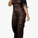 Womens PU Leather Jumpsuit Sexy Off the Shoulder Top Tight Waist Cargo Pants Bodysuit
L