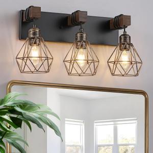 Farmhouse Bathroom Vanity Light Fixtures, 3-Light Wood Bathroom Light Fixtures Over Mirror, Rustic Sconces Wall Lighting with Elegant Metal Lampshade for Living Room, Bedroom, Hallway (Black Gold)
